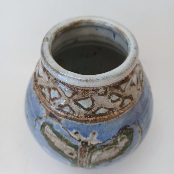 Our Gang Pottery Vase Blue Butterfly Hand Crafted Folk Art - Picture 3 of 10